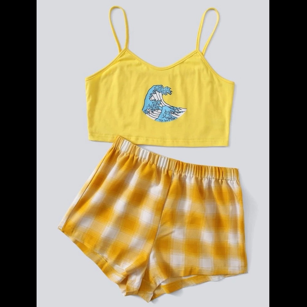 Yellow, Plaid, Ocean Wave, Cropped Cami, Pajama Set